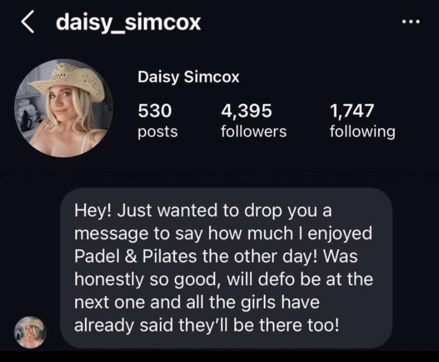 Instagram message from Daisy Simcox (@daisy_simcox) about The Padel Fiesta