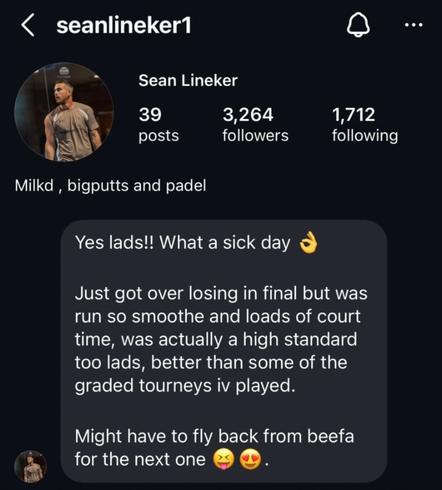 Instagram message from Sean Lineker (@seanlineker1) about The Padel Fiesta