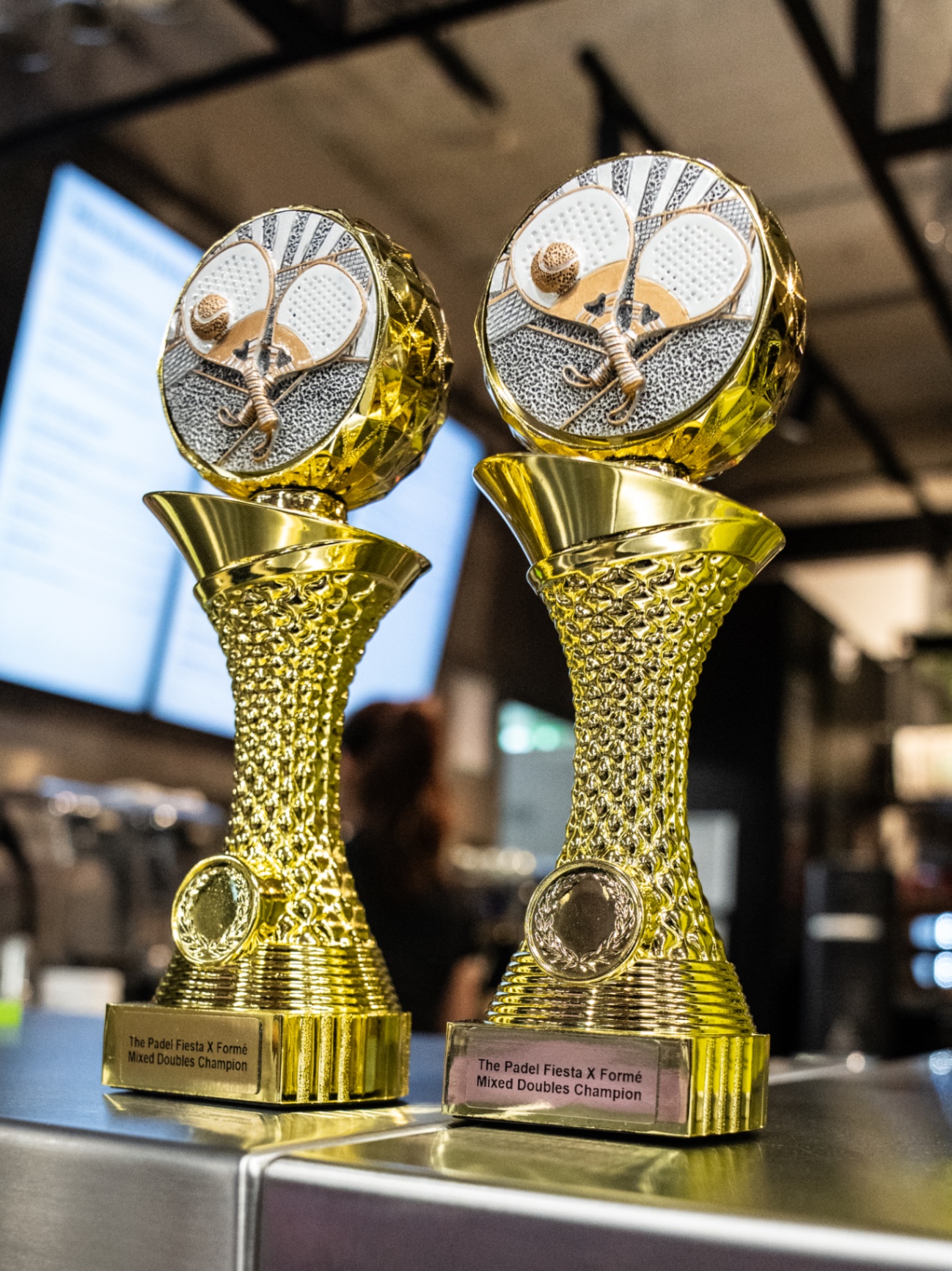 The Padel Fiesta mixed doubles champion trophies on display