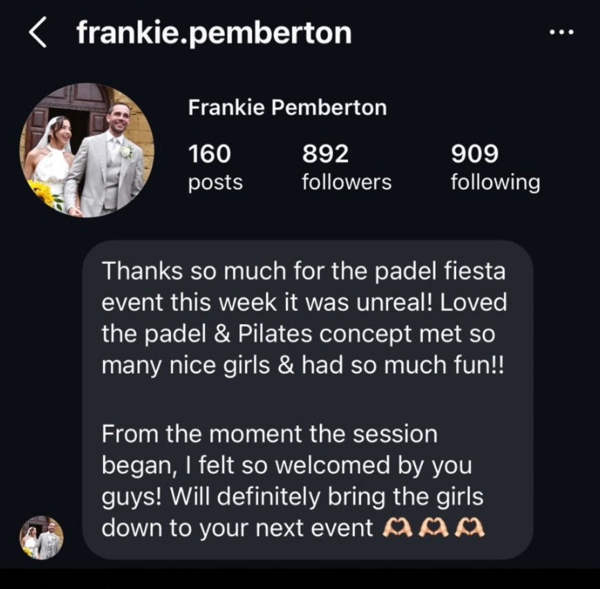 Instagram message from Frankie Pemberton (@frankie.pemberton) about The Padel Fiesta
