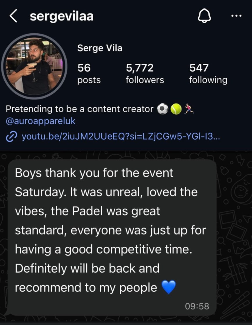 Instagram message from Serge Vila (@sergevilaa) about The Padel Fiesta
