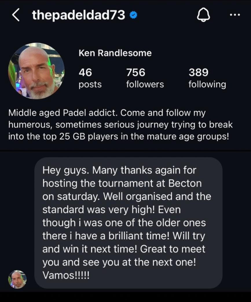 Instagram message from Ken Randlesome (@thepadeldad73) about The Padel Fiesta