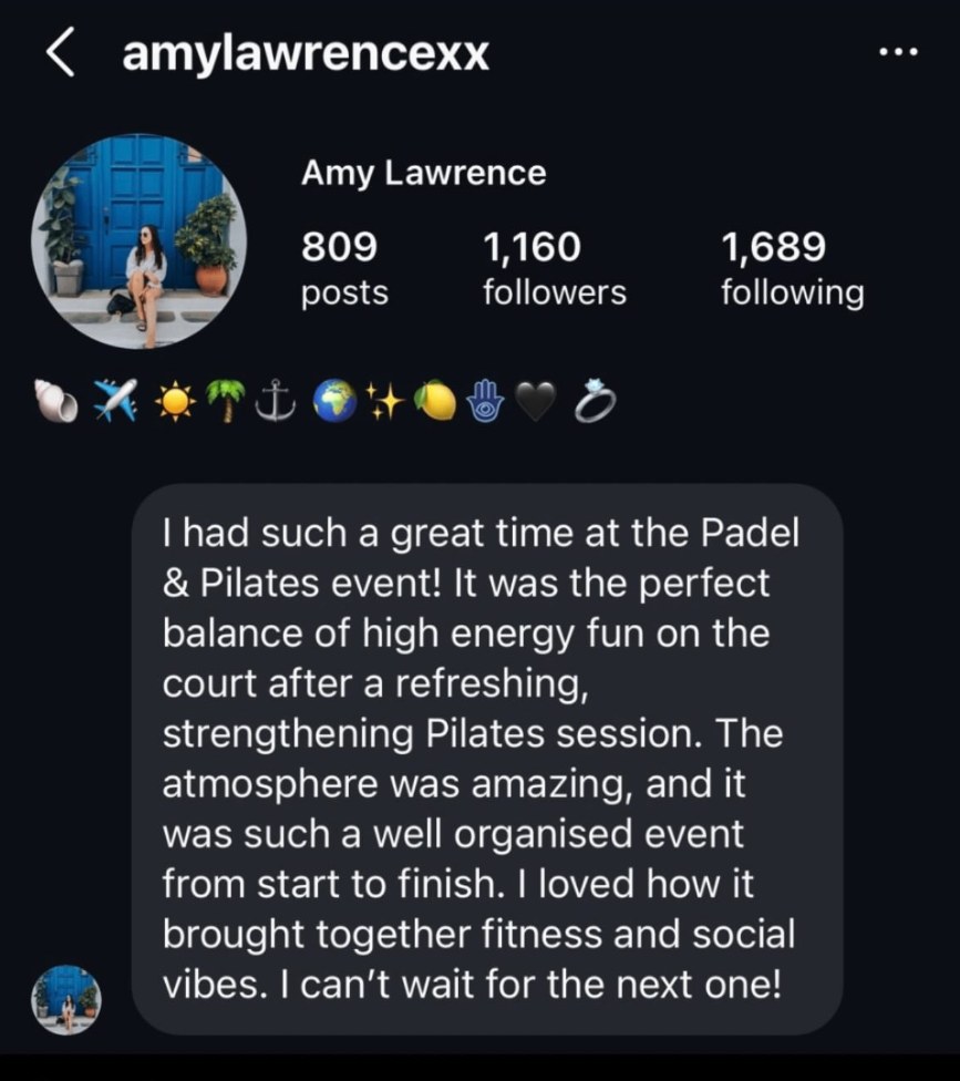 Instagram message from Amy Lawrence (@amylawrencexx) about The Padel Fiesta