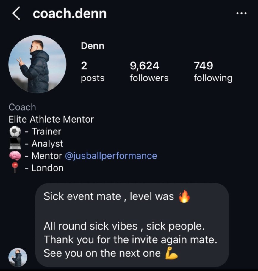 Instagram message from Denn (@coach.denn) about The Padel Fiesta