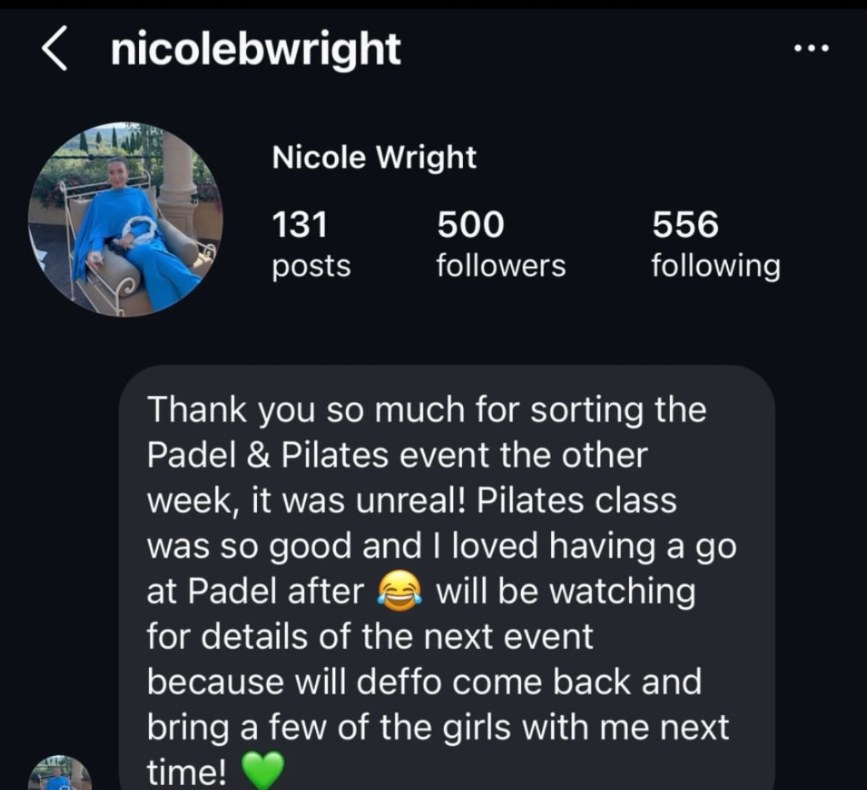 Instagram message from Nicole Wright (@nicolebwright) about The Padel Fiesta