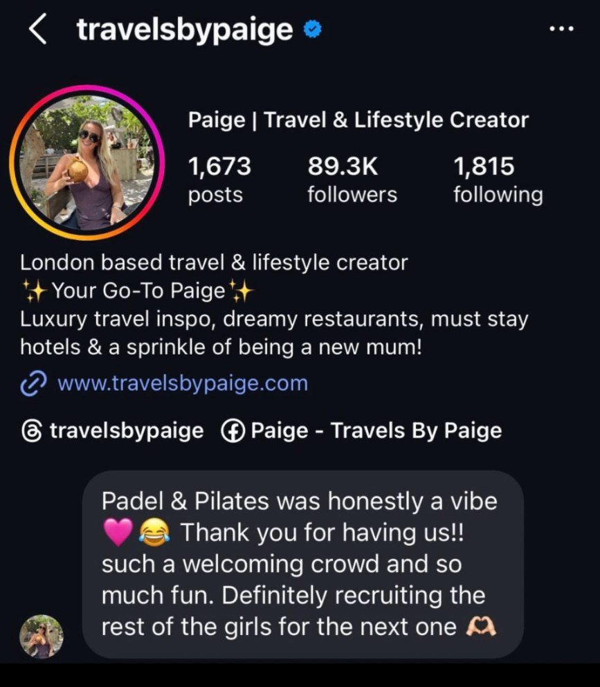 Instagram message from Paige (@travelsbypaige) about The Padel Fiesta