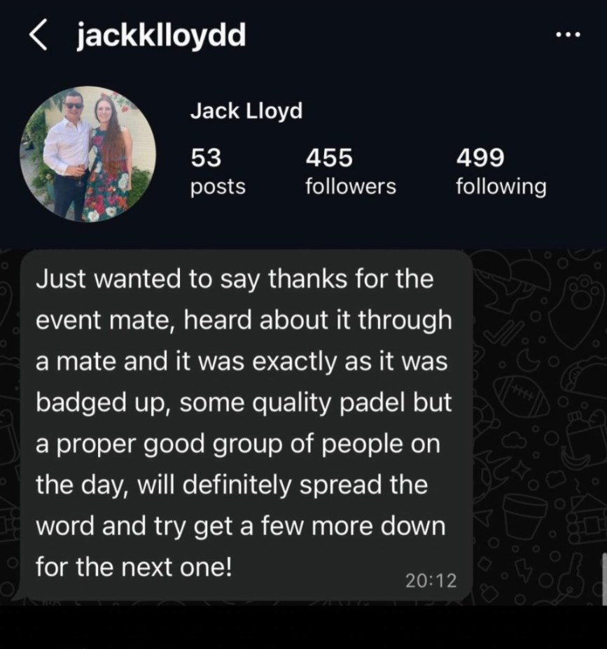Instagram message from Jack Lloyd (@jackklloydd) about The Padel Fiesta