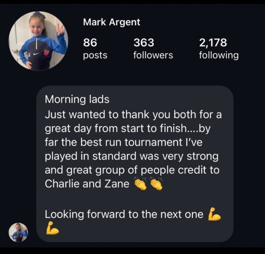 Instagram message from Mark Argent (@argent7) about The Padel Fiesta