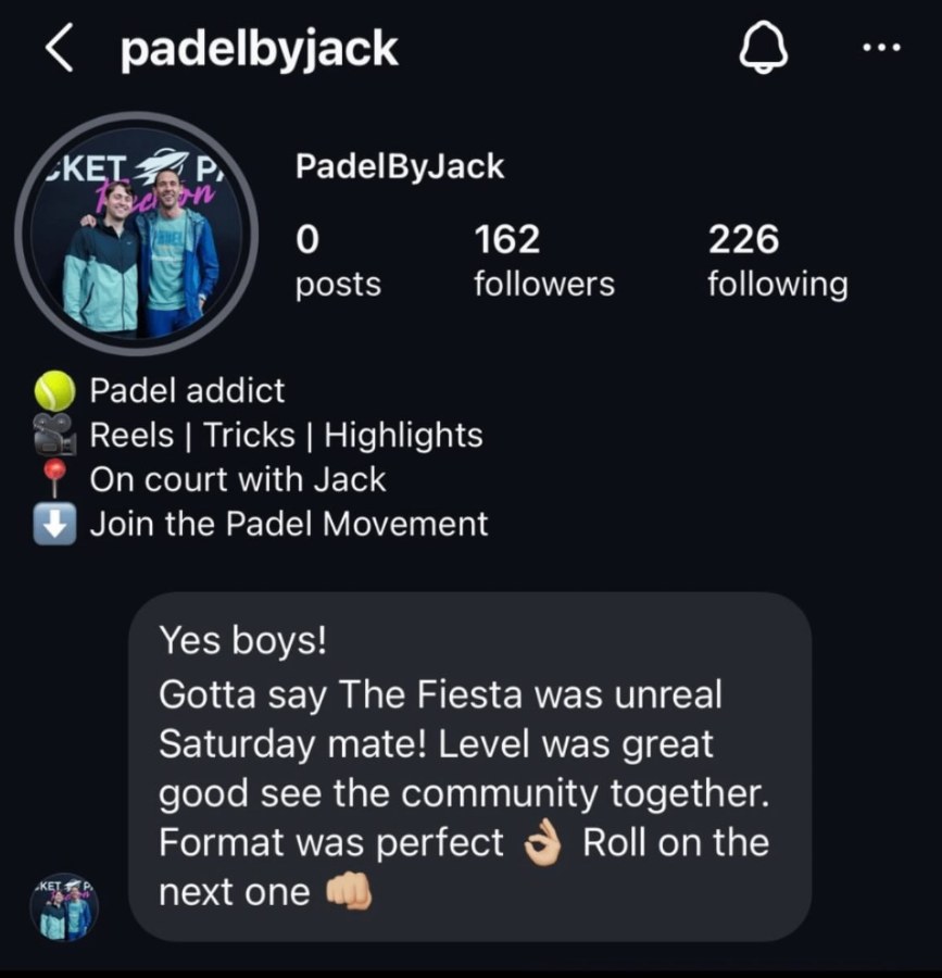 Instagram message from PadelByJack (@padelbyjack) about The Padel Fiesta