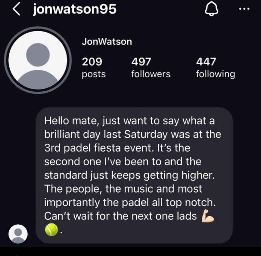Instagram message from Jon Watson (@jonwatson95) about The Padel Fiesta